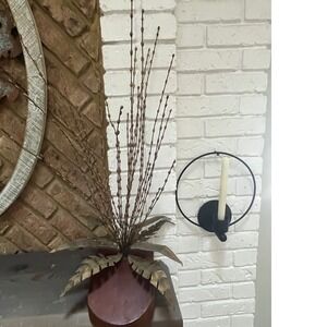 Vintage MCM Brutalist Metal & Wood Art Sculpture wood Base Leaves Willow Stems